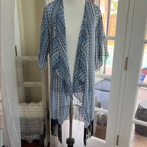 LuLaRoe Blue and Black Geometric Fringe Duster